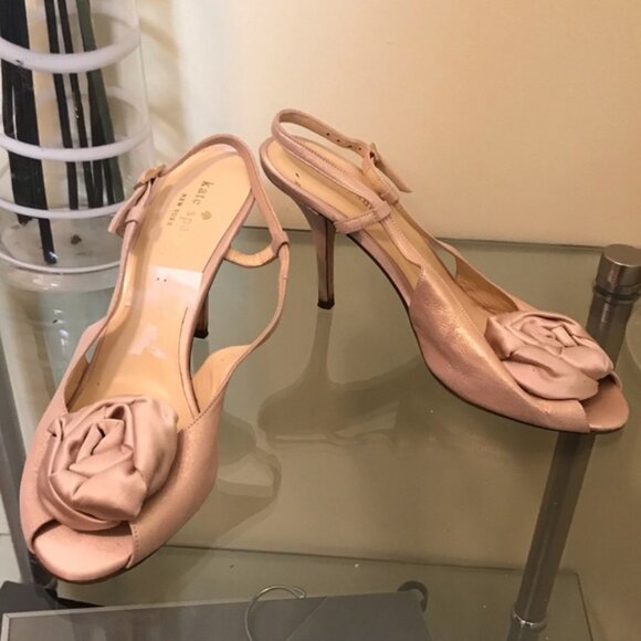 KATE SPADE Slingback Suede Rose Gold Satin Metalic Heels Sandals Bow Neutral 7.5 - Picture 2 of 11
